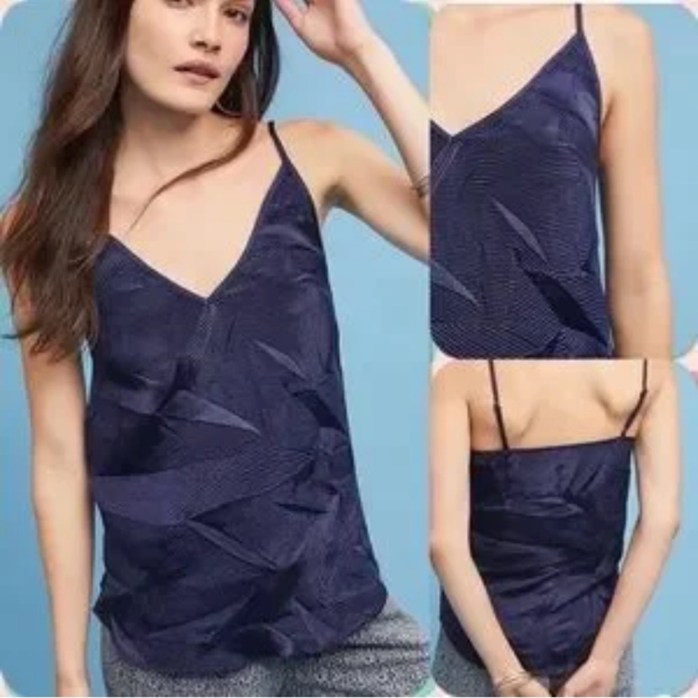 New Anthropologie Floreat Navy Blue V-Neck Textured Tank Cami Satin Crushed M